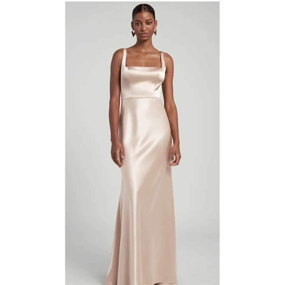 Jenny Yoo Ariana Satin Back Crepe Gown Petal Pink Square Neck Maxi Dress Size 12